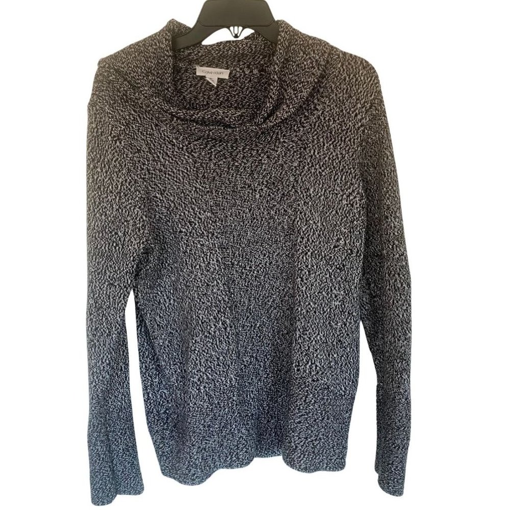Calvin Klein Sweater Womens Black White Marled Cowl Neck Long Sleeve M
